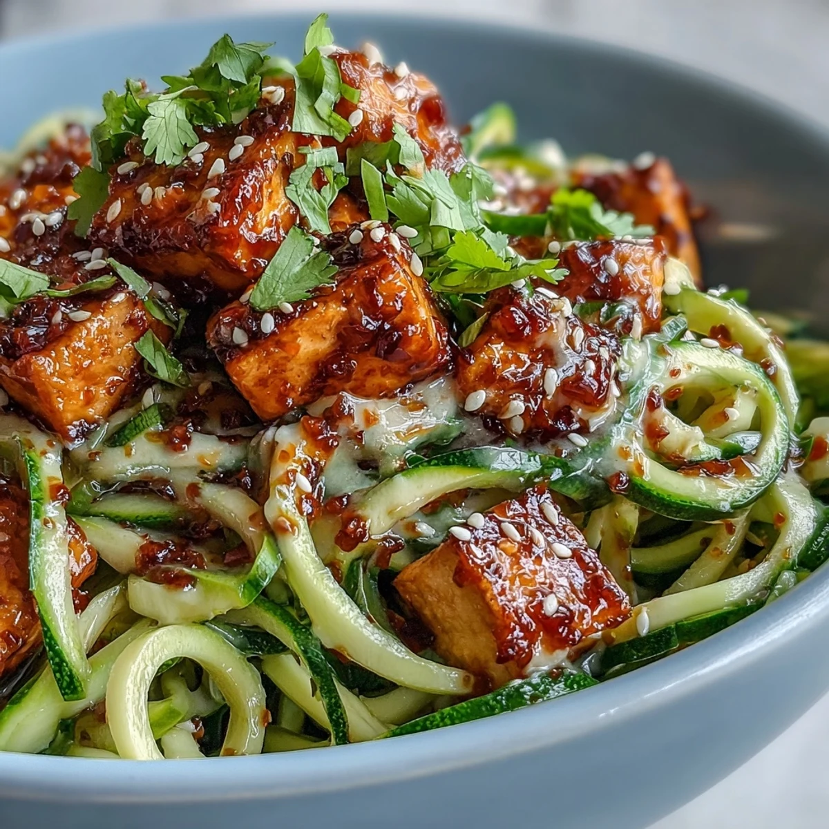 TikTok-Style Chili Crisp Cucumber Noodle Bowls tossed with creamy dressing and golden tofu.