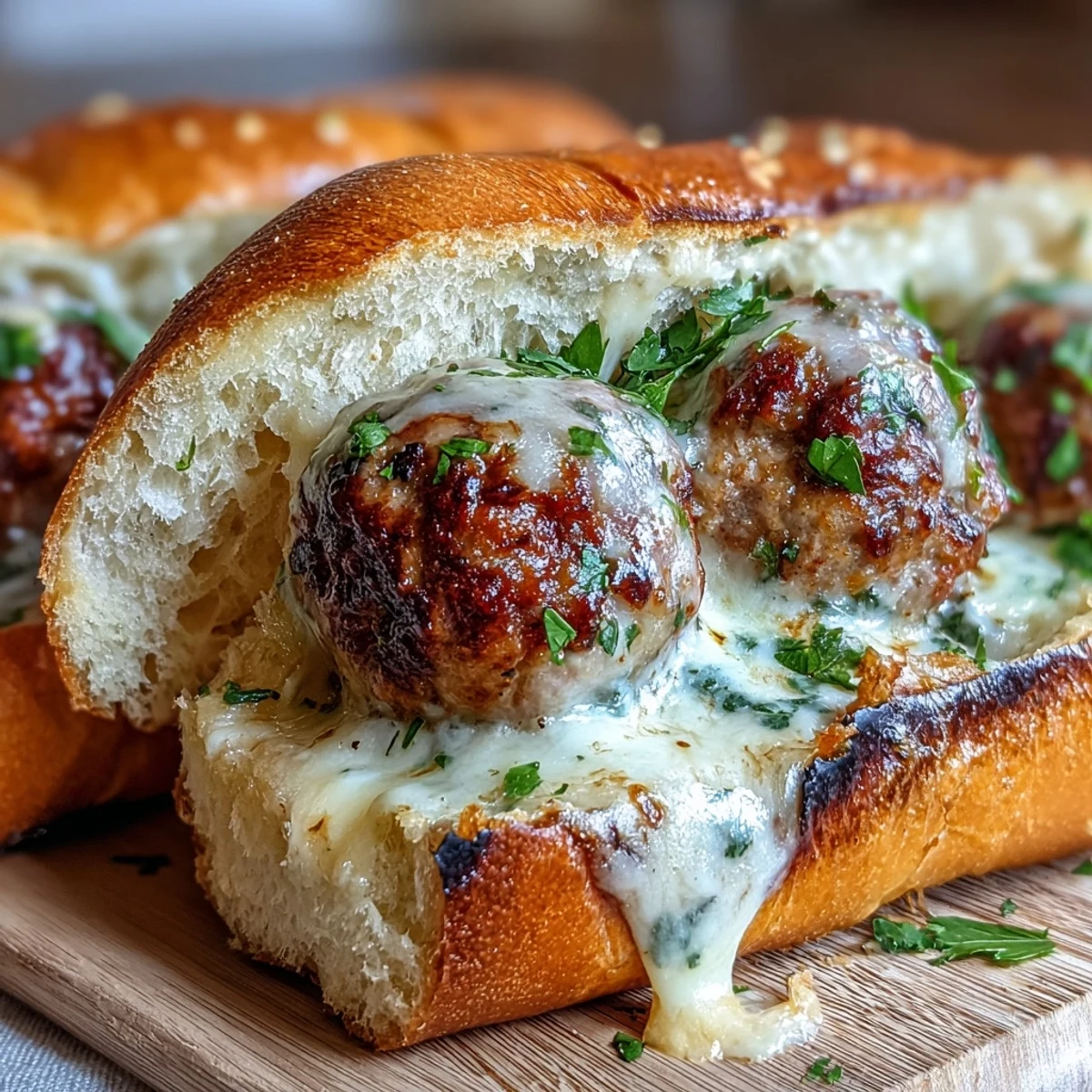 Toasted sub rolls cradle juicy turkey meatballs covered in rich garlic Parmesan sauce and melted mozzarella.