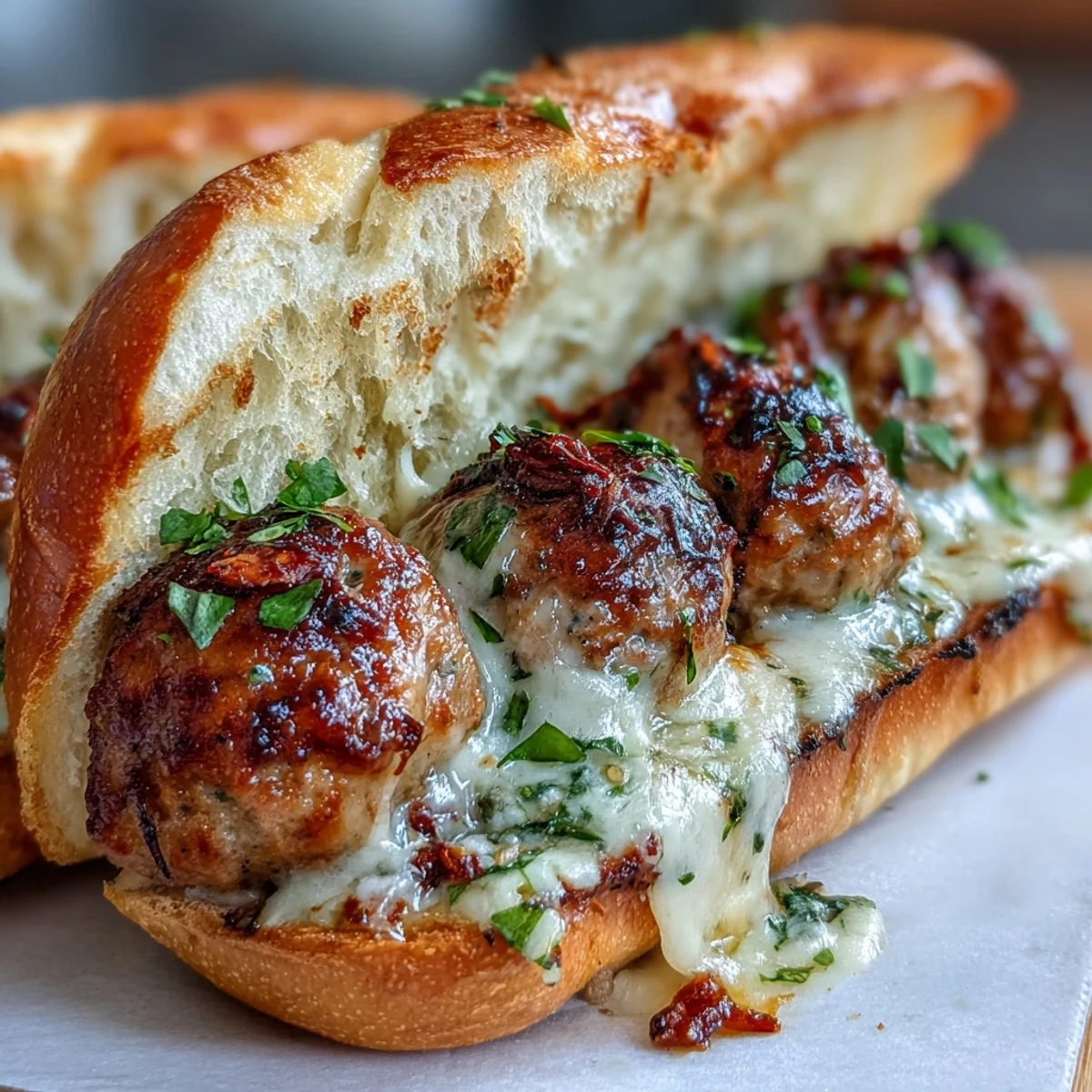 Freshly garnished Garlic Parmesan Turkey Meatball Subs ready to serve, featuring bubbling mozzarella and herbs.