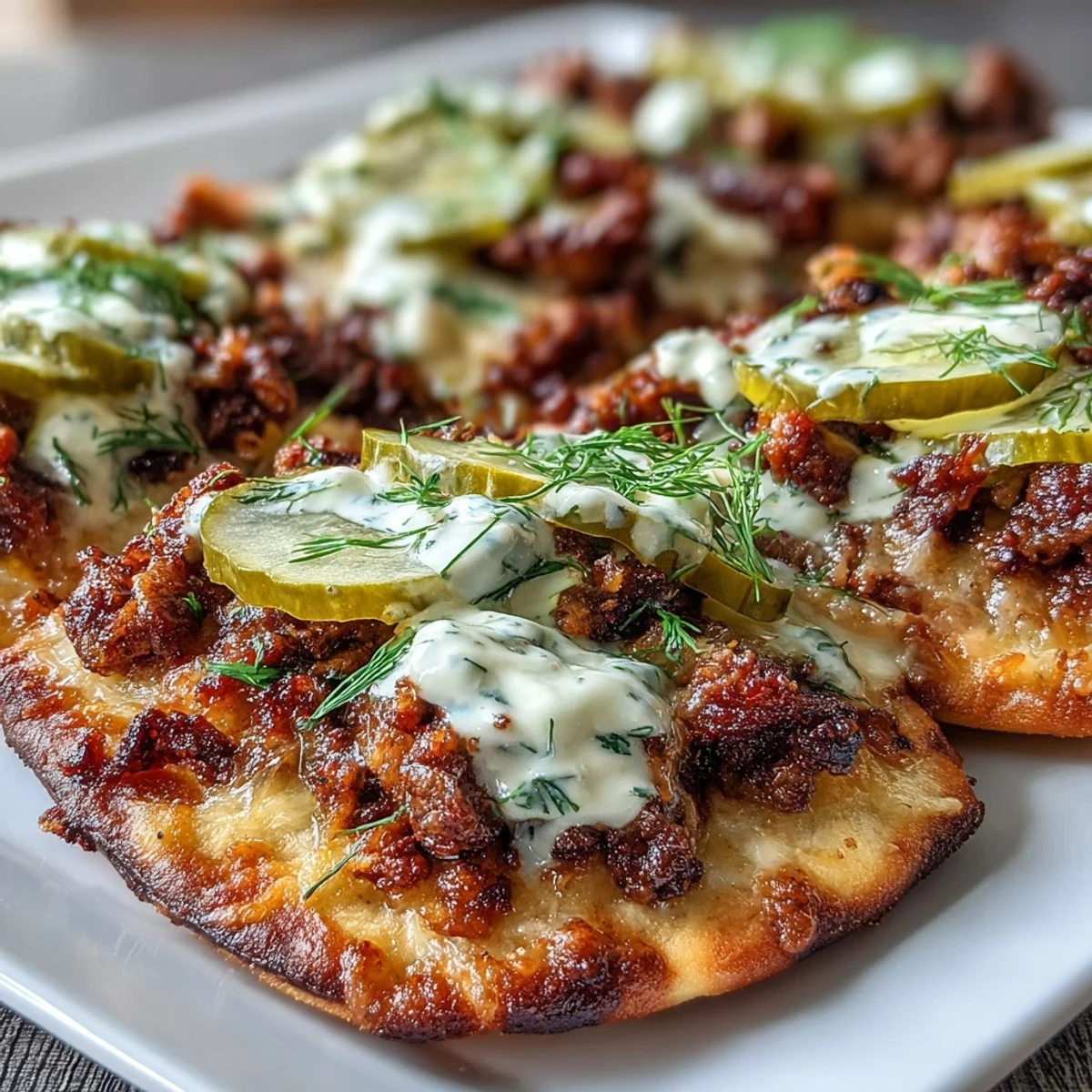 Freshly baked Cheeseburger Garlic Naan Pizzas with melted cheddar sauce bubbling over savory beef, topped with pickles.