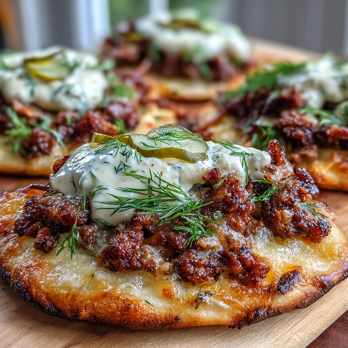 Mini Garlic Naan Pizzas featuring seasoned ground beef, creamy cheese sauce, and fresh dill pickles on crisp crusts.