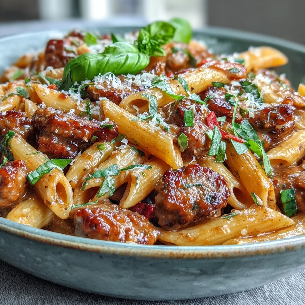 Close-up of One-Pot Creamy Red Wine Sausage Pasta showing tender sausage pieces and vibrant red bell peppers in a creamy sauce.