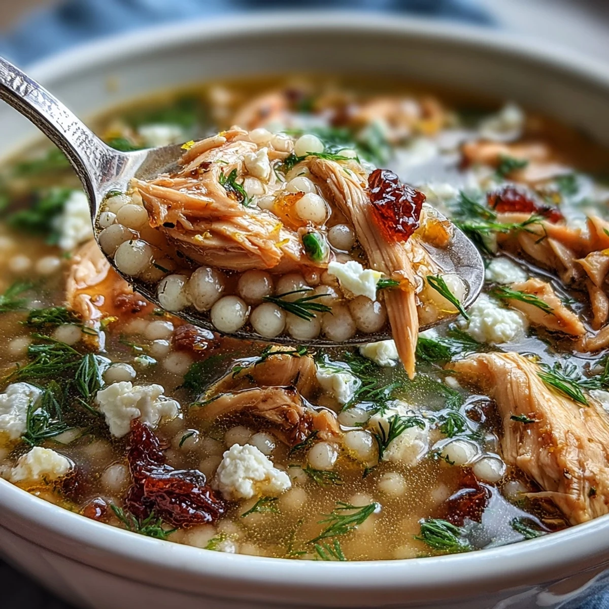 Spoon lifting a bite of Greek Chicken & Pearl Couscous Soup with tender vegetables and bright lemon zest.