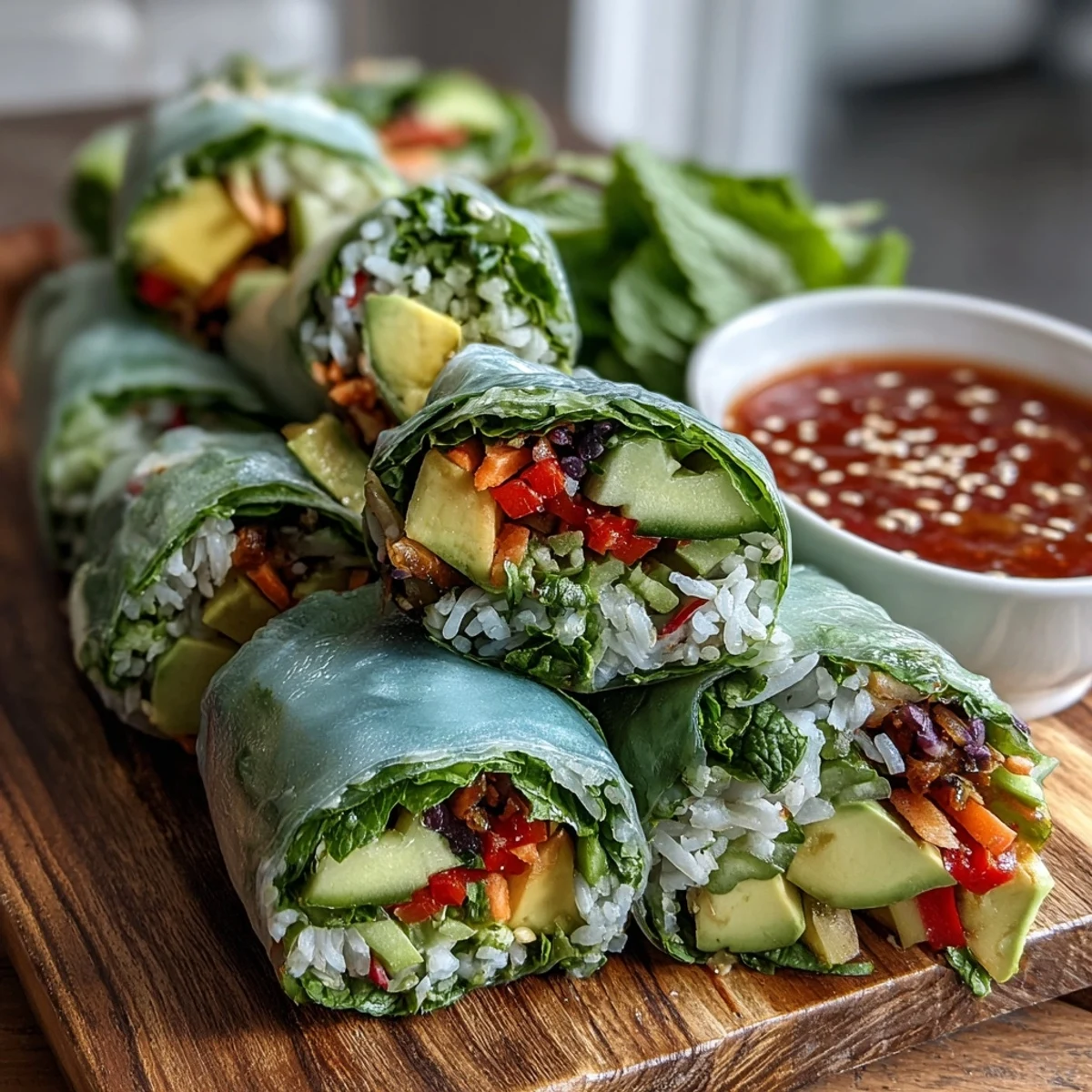 Ready to serve, these Vegan Mango Avocado Spring Rolls are arranged on a platter with a zesty sweet chili sauce.