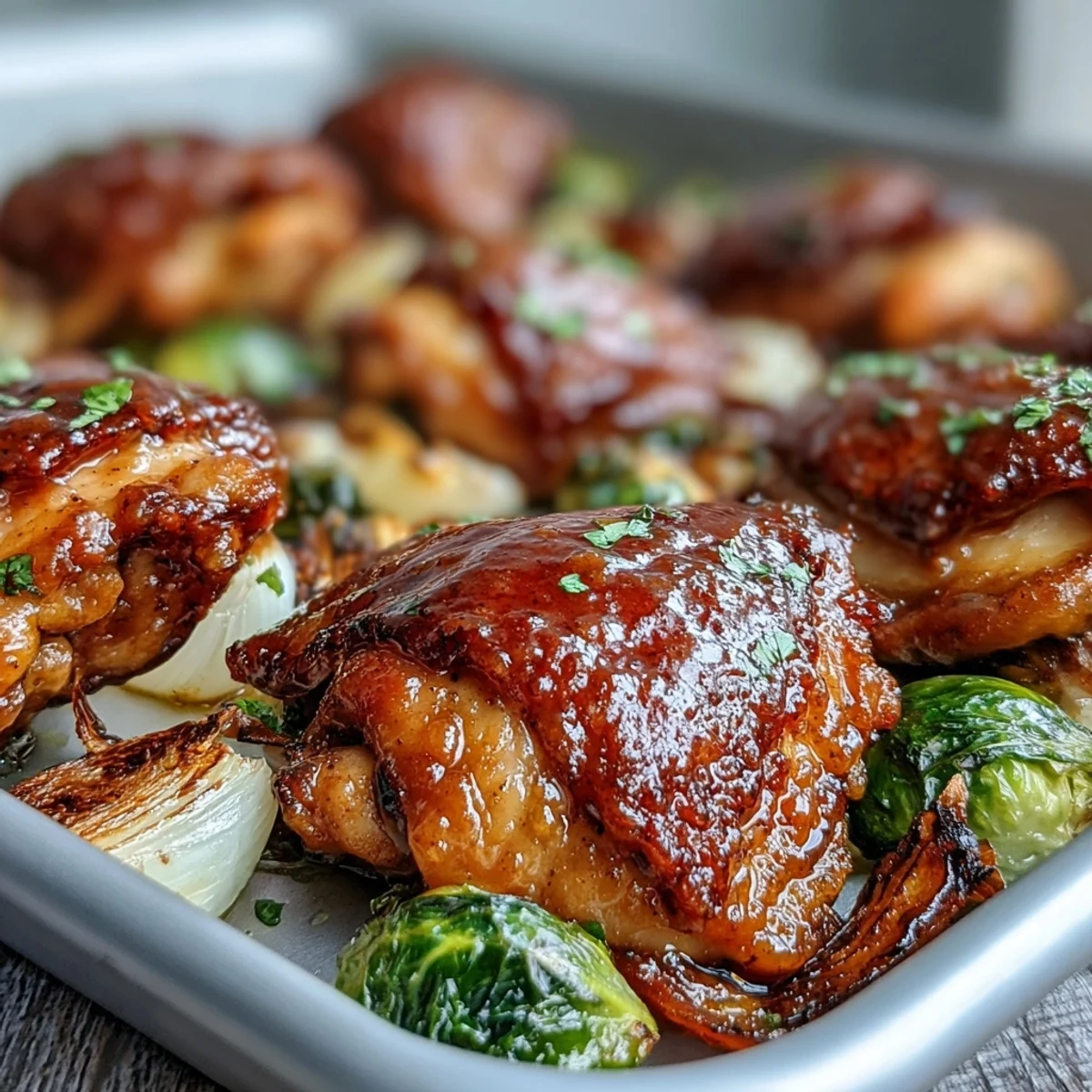 Roasted Sheet Pan Honey Mustard Chicken thighs with Brussels sprouts, glazed and caramelized, served hot from the oven.