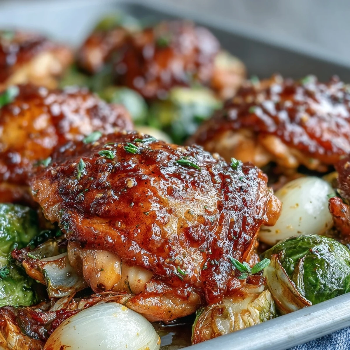 Sheet Pan Honey Mustard Chicken glazed with honey and Dijon, paired with tender Brussels sprouts and red onion wedges.