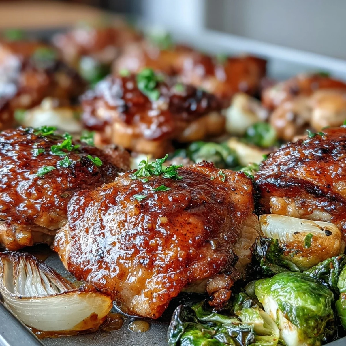 Freshly roasted Sheet Pan Honey Mustard Chicken on a baking sheet, garnished with parsley, alongside crispy Brussels sprouts.