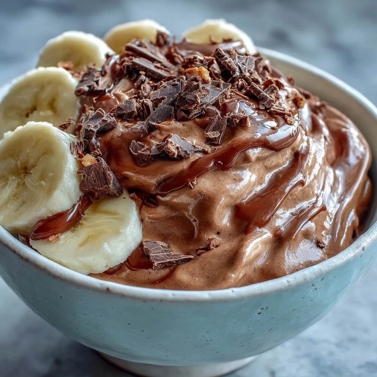 Close-up of Vegan Chocolate Banana Nice Cream with Almond Butter in a blender, showing a thick, scoopable dairy-free dessert texture.
