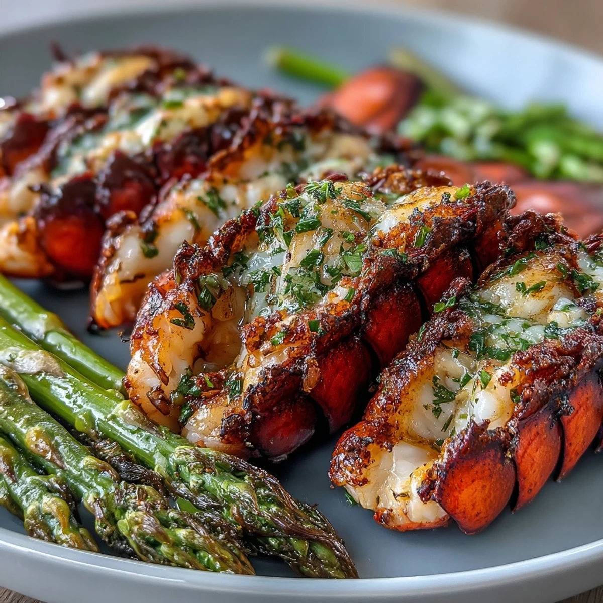 Golden, buttery Keto Garlic Butter Lobster Tails with Asparagus served alongside lemon wedges for a bright finish.