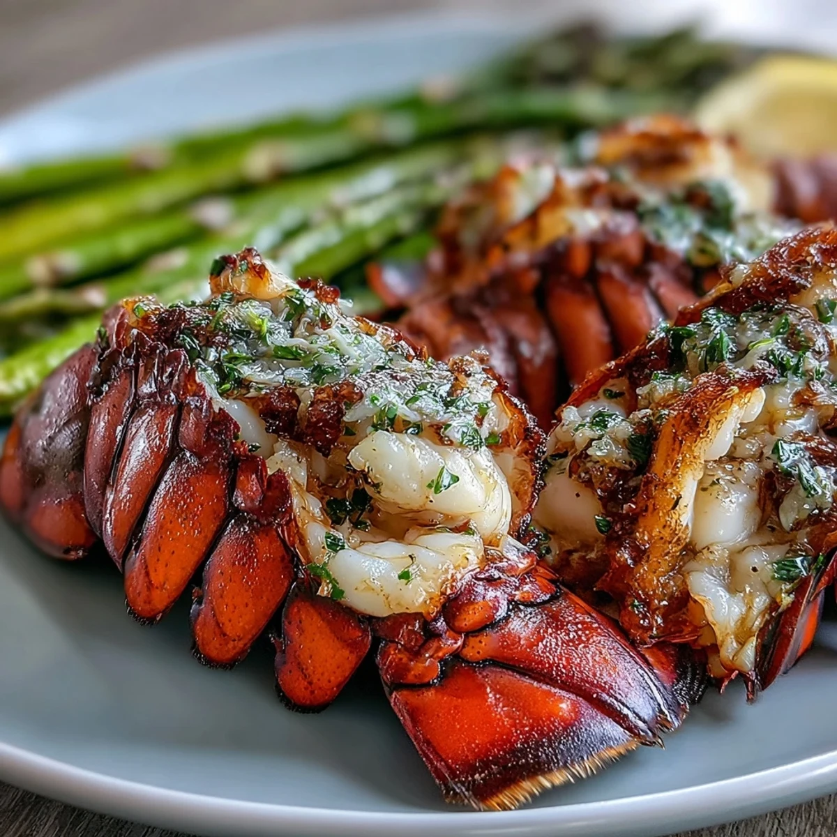 Juicy Keto Garlic Butter Lobster Tails with Asparagus plated with crisp spears, ready for a low-carb dinner.