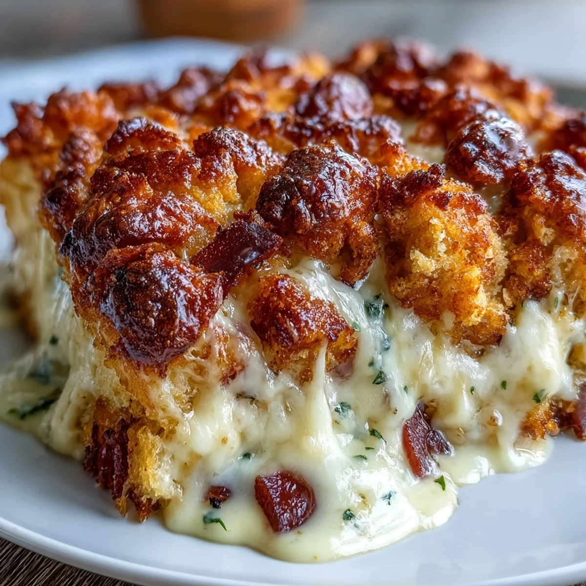 Golden, bubbly Keto Chicken Cordon Bleu Casserole fresh from the oven, topped with crisp almond flour and parsley.