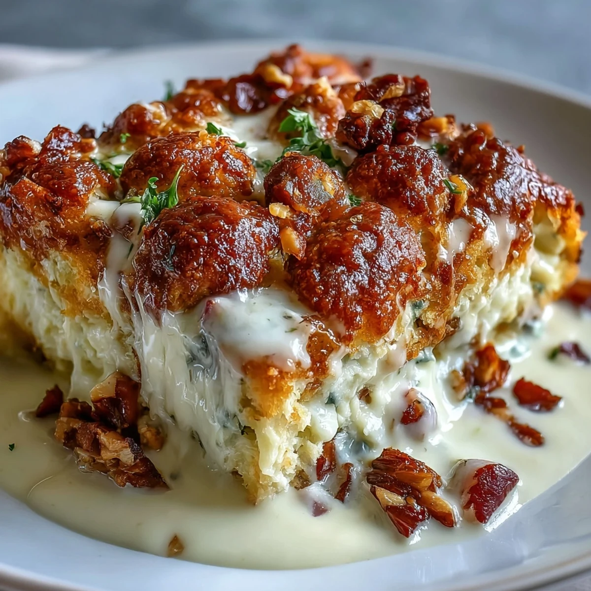 Close-up view of Keto Chicken Cordon Bleu Casserole revealing layers of creamy sauce, tender chicken, and melted Swiss.