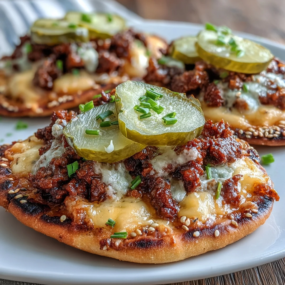Freshly baked Cheeseburger Garlic Naan Pizzas are garnished with sesame seeds and green scallions, creating a delicious fusion dinner for four.