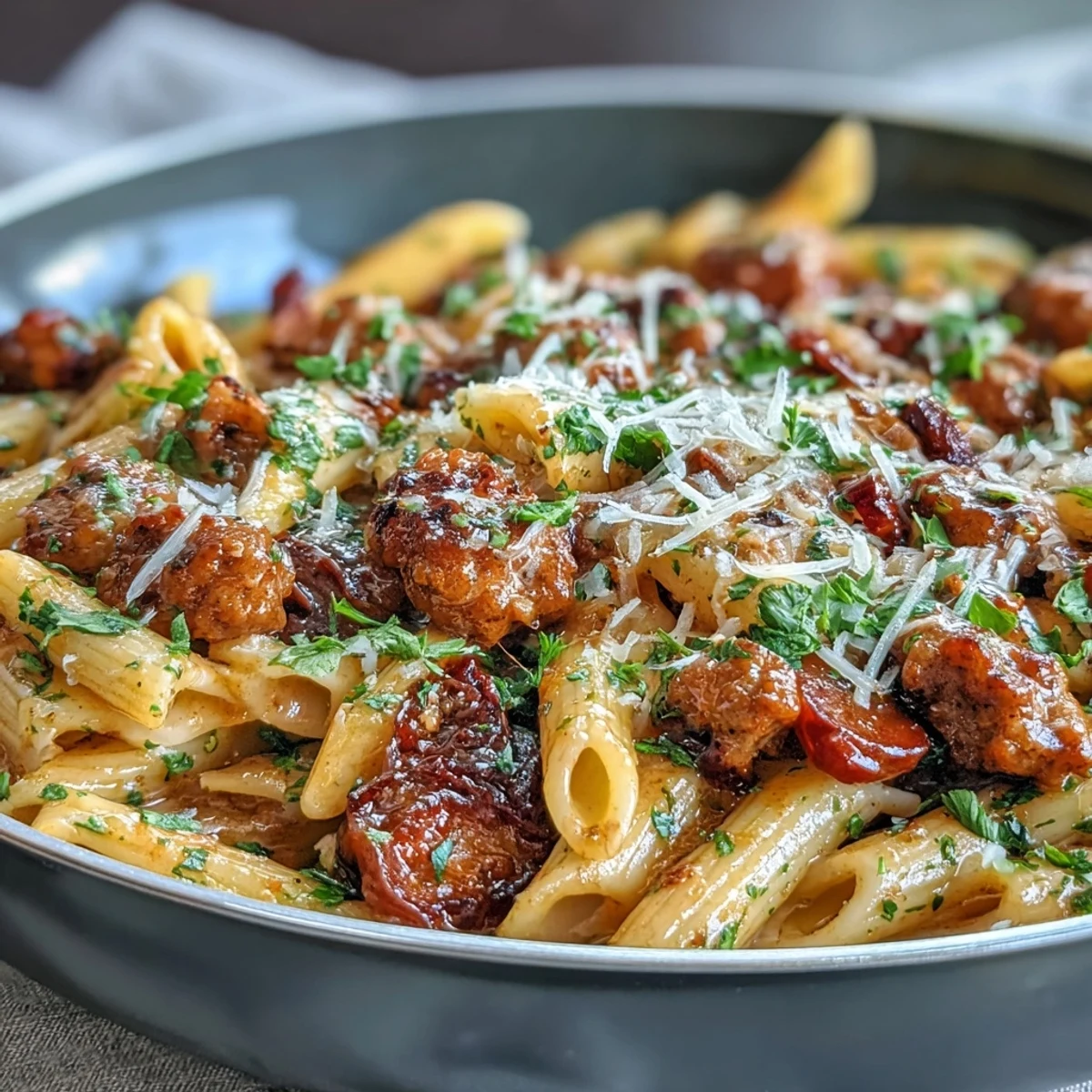 Sizzling Italian sausage and colorful bell peppers simmer in red wine, creating a hearty one-pot creamy red wine sausage pasta.