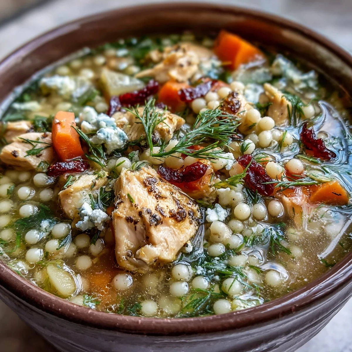 Hearty Greek Chicken & Pearl Couscous Soup ladled into a rustic mug beside lemon wedges.