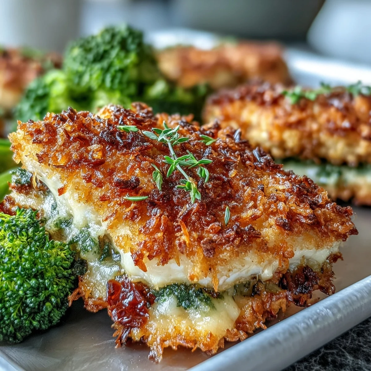 Succulent chicken breasts with a crunchy Parmesan topping and crisp-tender broccoli, served hot from the oven on a lined baking sheet.