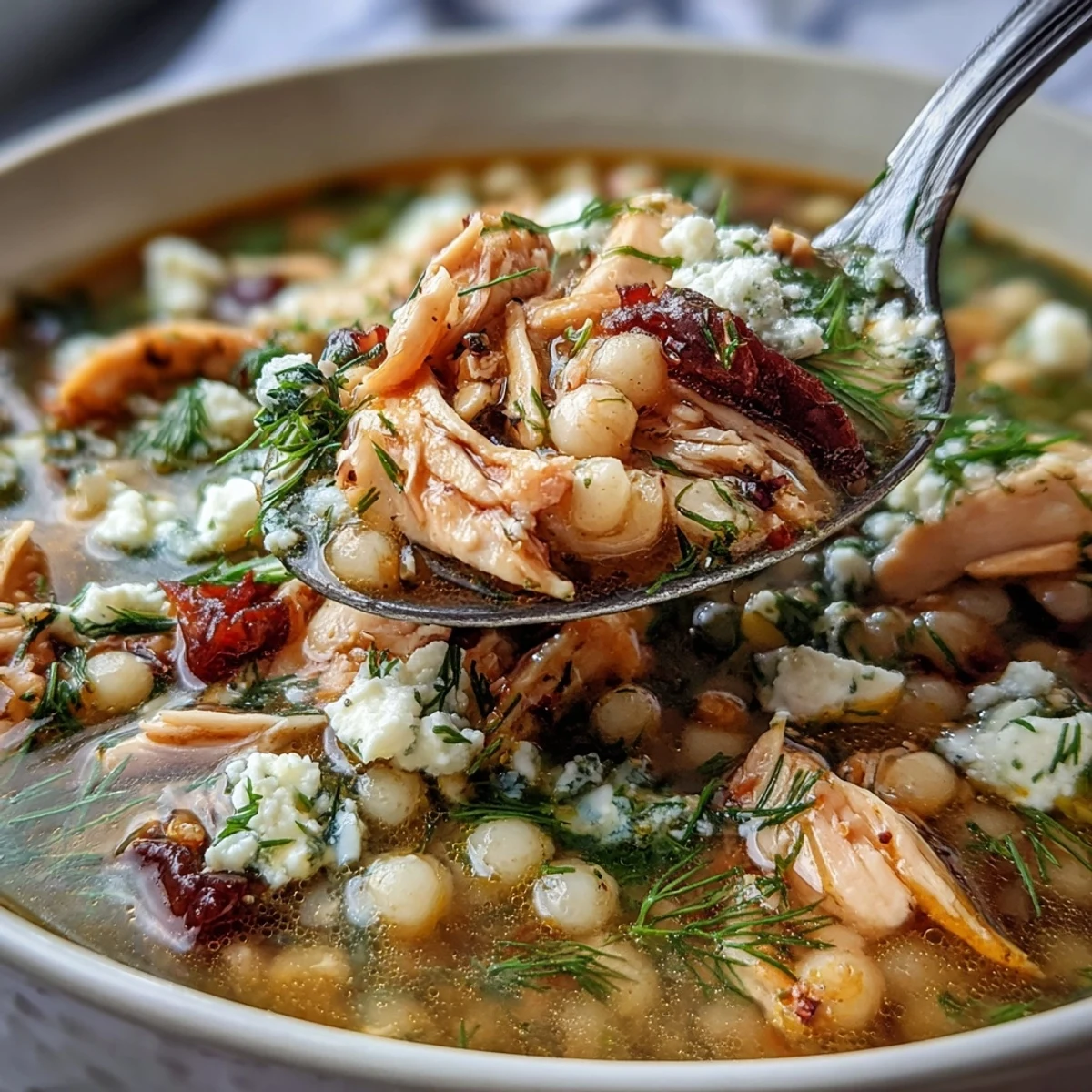 Golden Greek Chicken & Pearl Couscous Soup steaming in a white bowl, topped with crumbled feta and fresh dill sprigs.
