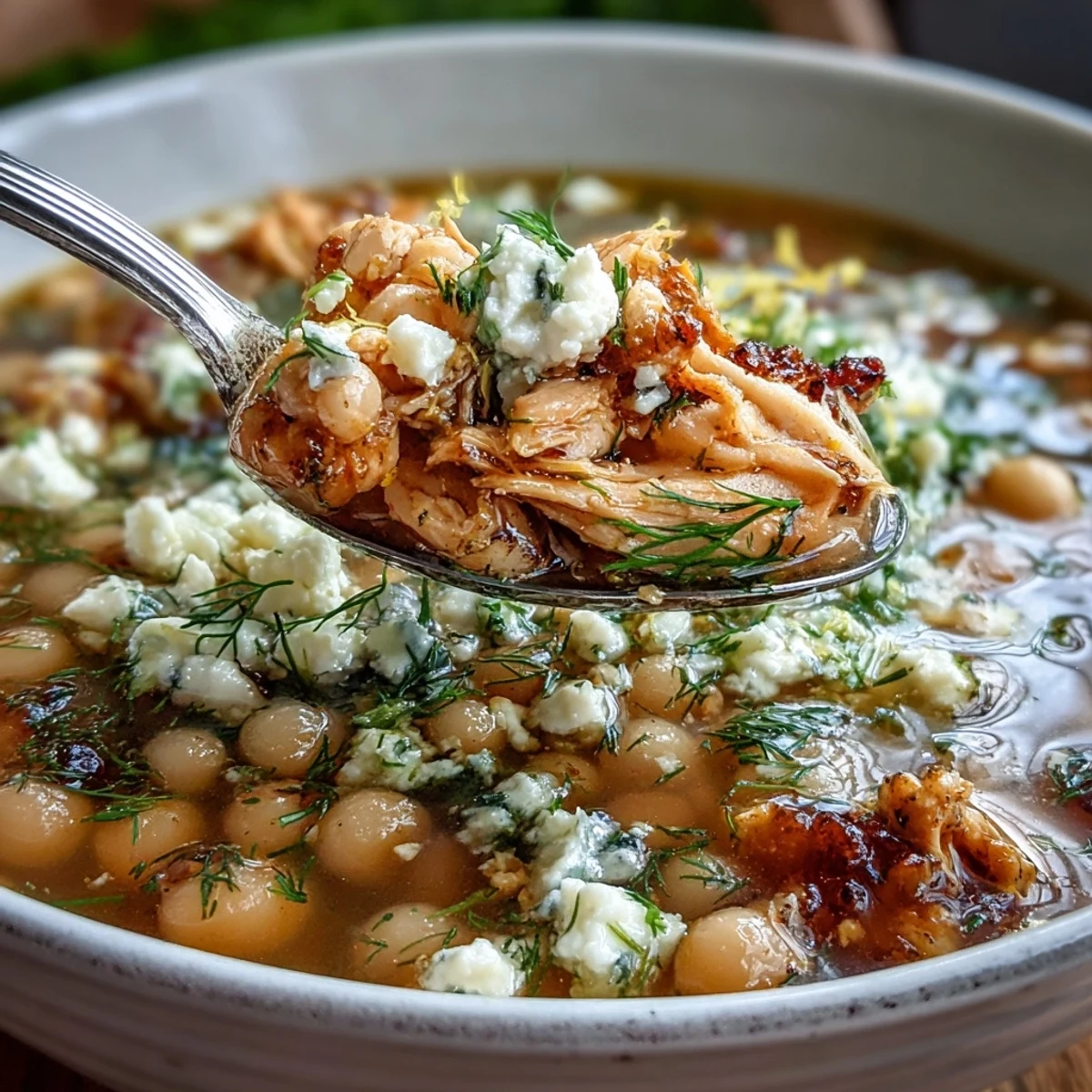Serving of Greek Chicken & Pearl Couscous Soup in a rustic bowl with lemon wedges on the side.
