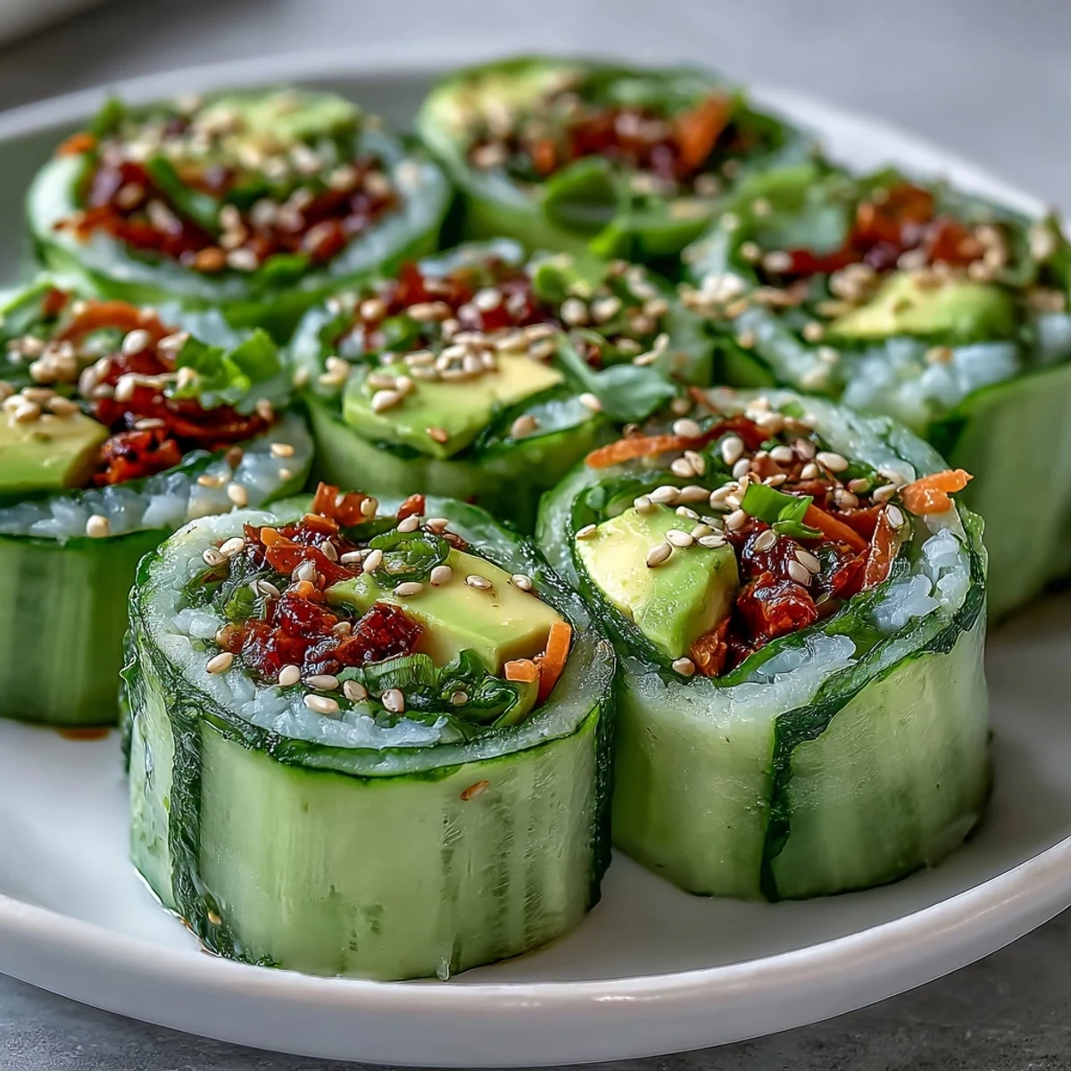 Fresh Light Cucumber Avocado Rolls with Sesame arranged neatly with julienned carrots and red bell peppers, garnished with sesame seeds.