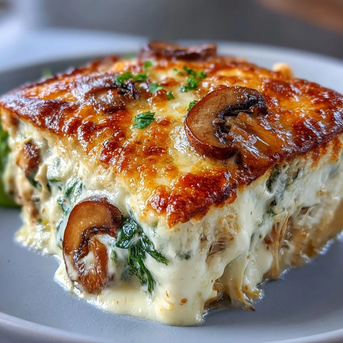 Creamy chicken spinach and mushroom casserole baked to golden perfection with melted mozzarella and parmesan.  