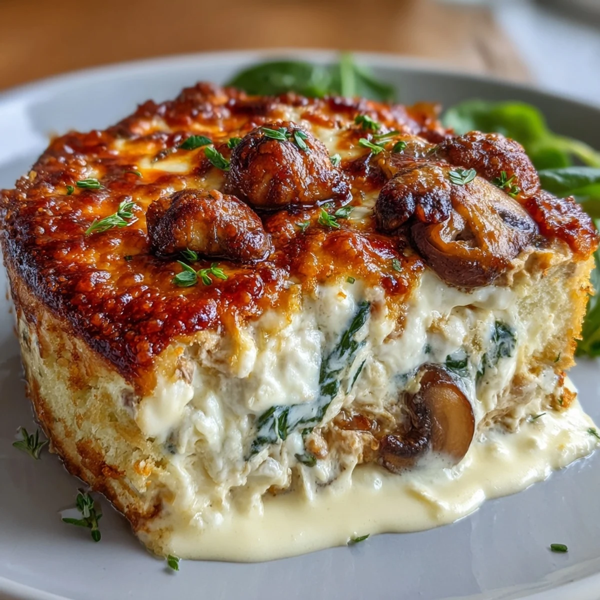 Low-carb oven-baked chicken casserole with sautéed spinach, mushrooms, and onions in a rich, cheesy sauce.  