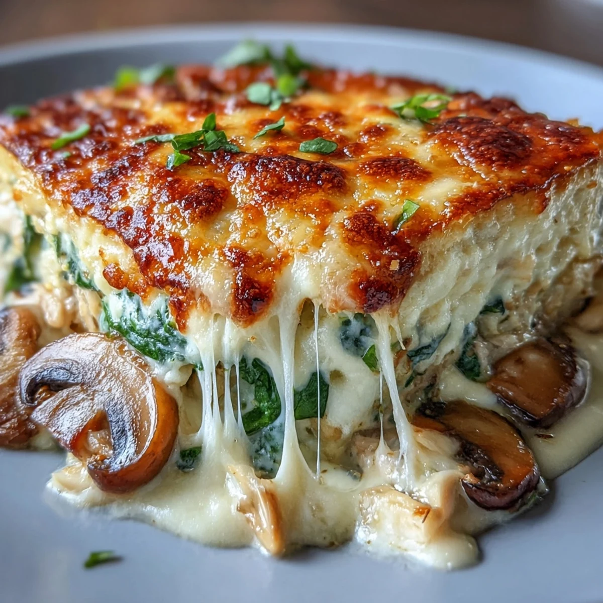 Flavorful chicken, spinach, and mushroom bake topped with melted cheese, perfect for a hearty, gluten-free dinner.