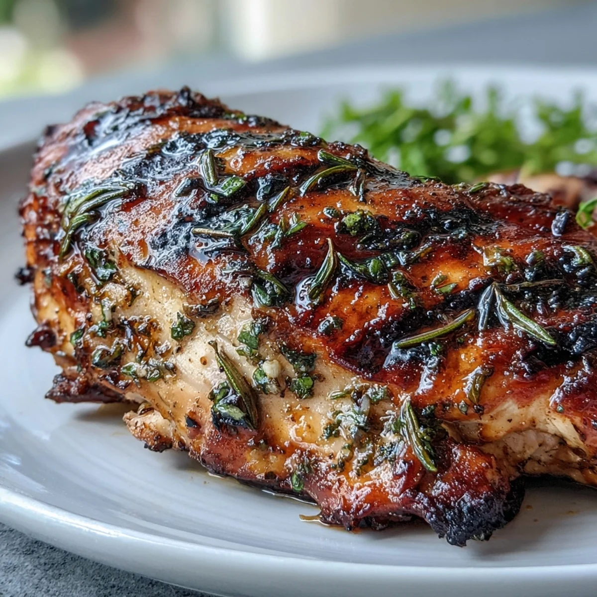 A close-up of herb-marinated chicken breasts sizzling on the grill, paired with golden roasted root vegetables in the background.  