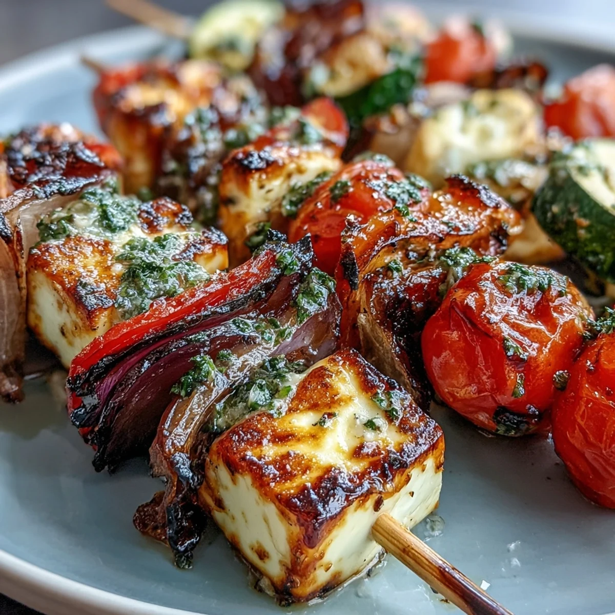 Colorful grilled vegetable and halloumi skewers drizzled with herb yogurt sauce, perfect for summer BBQs and vegetarian grilling.