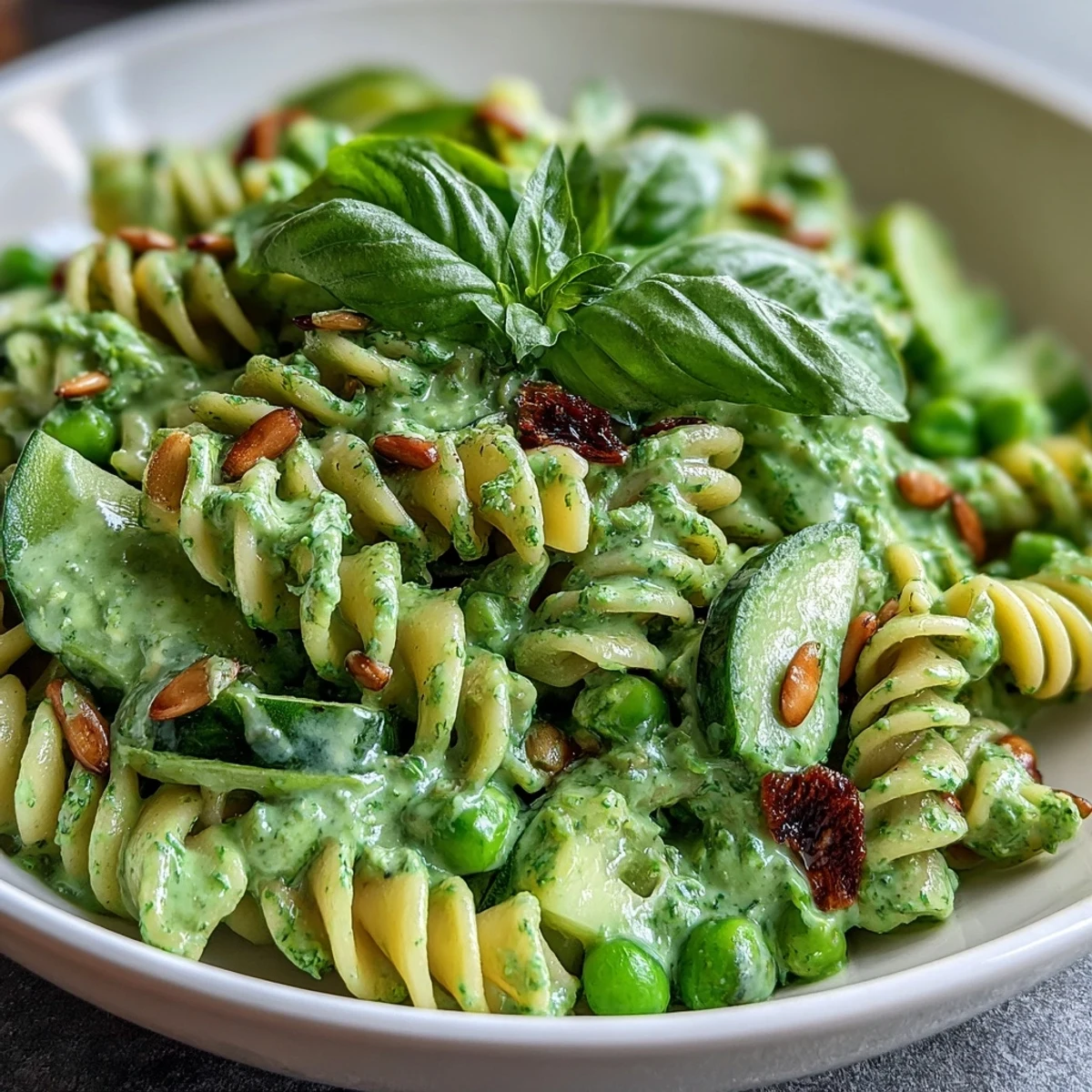 Creamy green goddess pasta salad featuring tender pasta, peas, radishes, and spinach tossed in herb-packed vegan dressing.