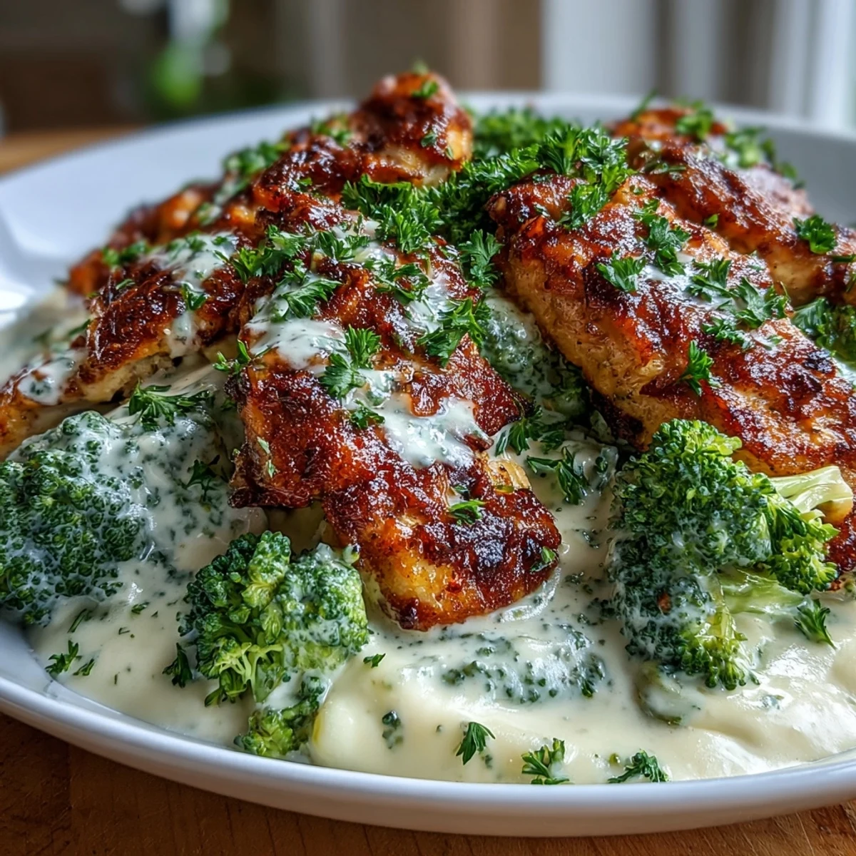 Creamy, cheesy Chicken Alfredo with steamed broccoli, garnished with parsley for a satisfying keto-friendly dinner.