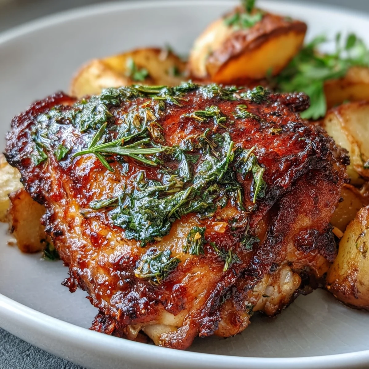 Herb roasted chicken thighs with carrots and potatoes on a sheet pan, golden skin and tender vegetables infused with rosemary and thyme.