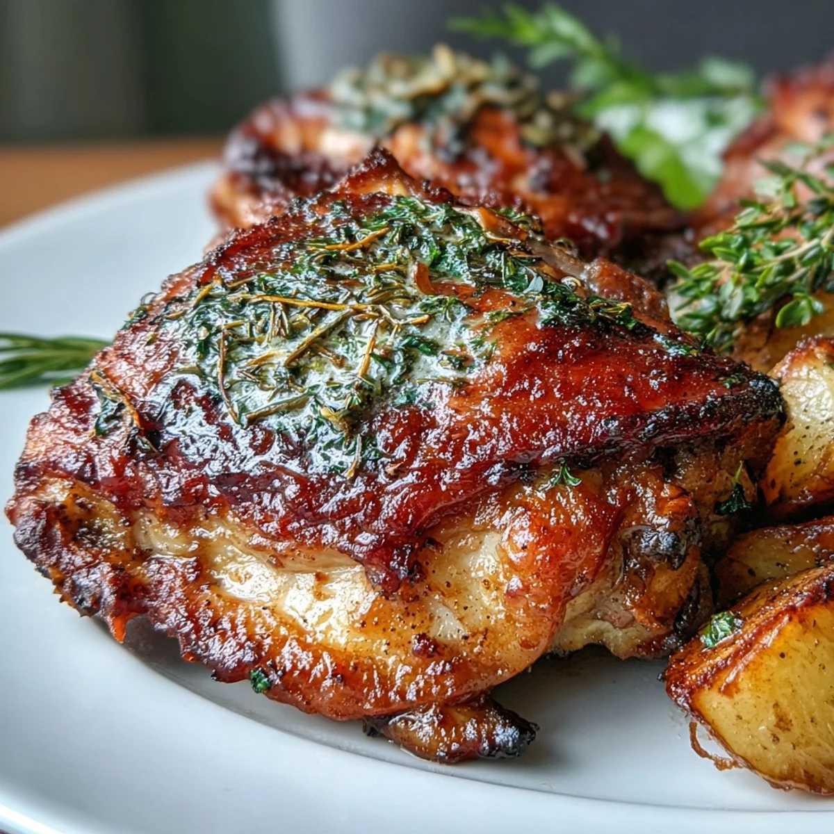 Crispy herb roasted chicken thighs nestled among caramelized carrots and baby potatoes, baked to perfection in a single pan.