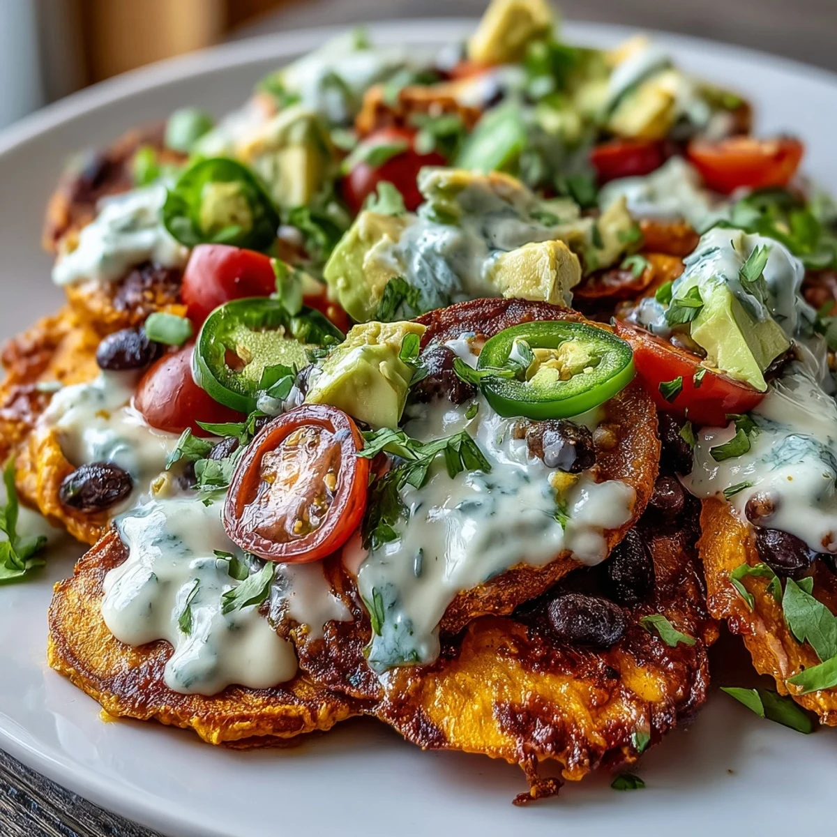 A colorful plate of vegan sweet potato nachos with crispy rounds, black beans, and creamy cashew queso for a healthy Tex-Mex treat.  