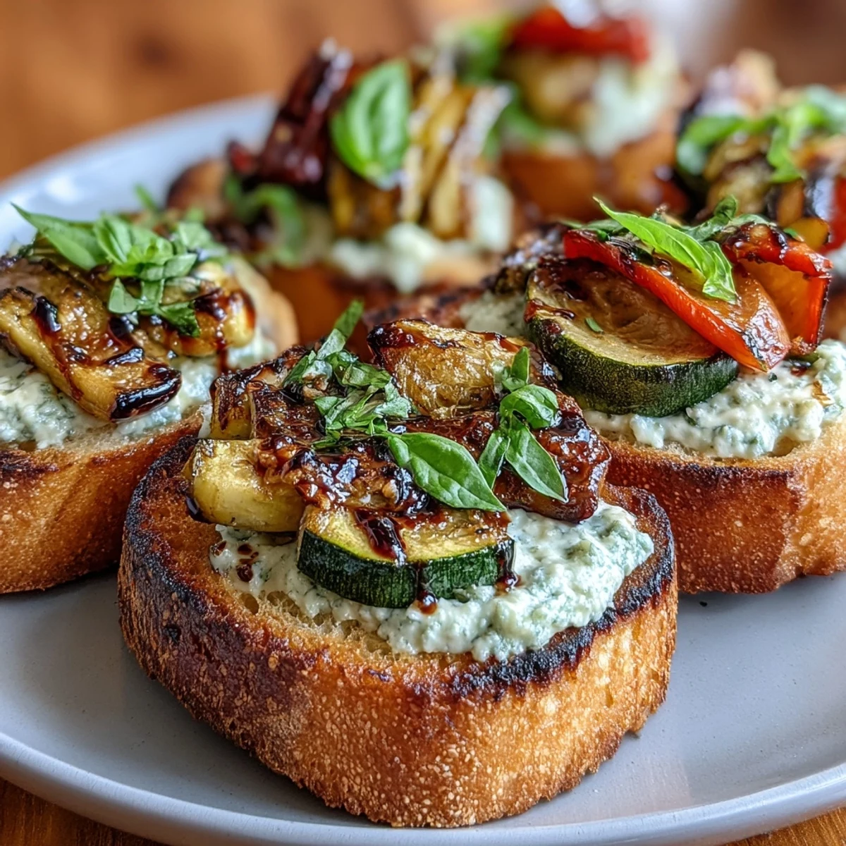 Golden baguette slices brushed with rich garlic butter, topped with creamy ricotta and a colorful mix of roasted zucchini, bell peppers, and cherry tomatoes.