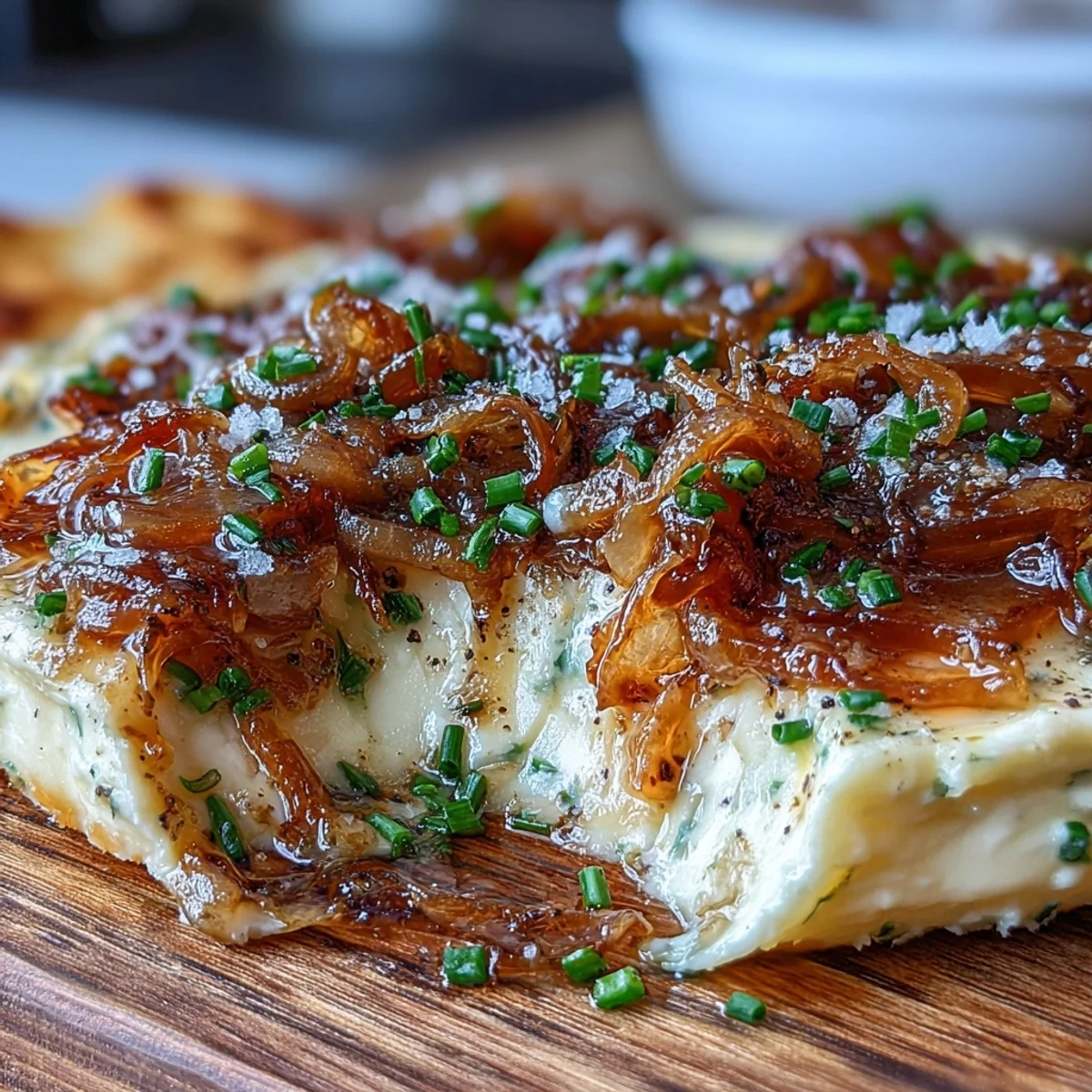 Elegant Caramelized Onion Butter Board appetizer, with buttery spread topped by sweet caramelized onions, ideal for entertaining with crusty bread.