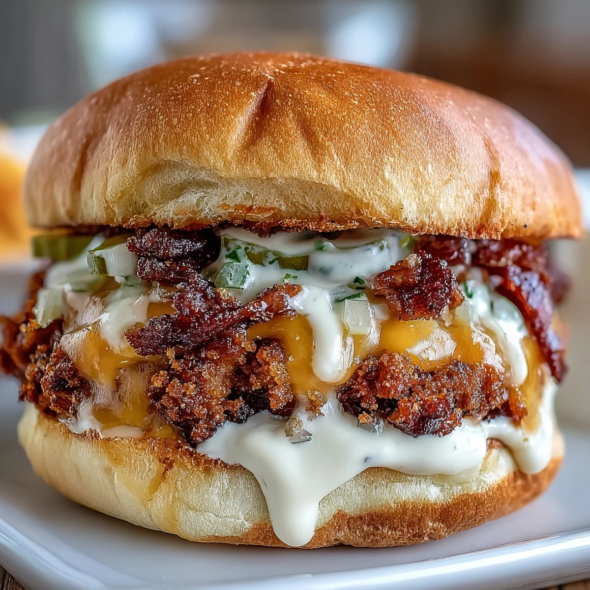 Crispy-edged beef patties topped with tangy pickles and special sauce, served on soft slider buns for a delicious bite-sized burger treat.