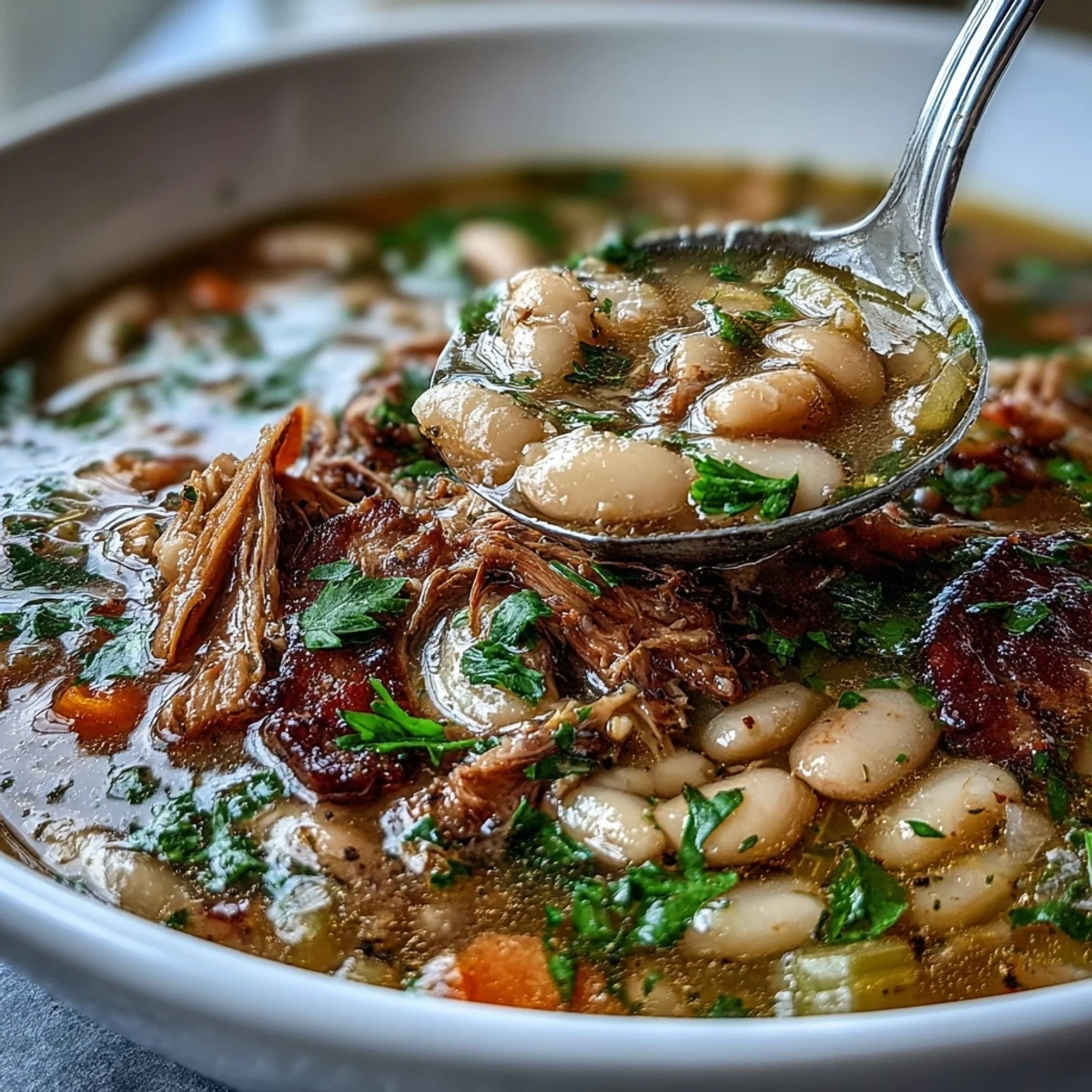 Rich and creamy White Bean and Ham Hock Soup, featuring slow-simmered beans, smoky ham, and fragrant herbs in every spoonful.