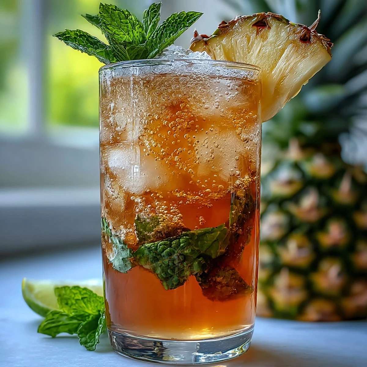 A tall glass filled with sparkling pineapple ginger fizz, garnished with fresh mint and lime slices for a refreshing summer drink.  