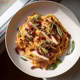 Golden chicken breasts are bathed in a creamy, red-hued Creamy Sun-Dried Tomato Chicken Skillet sauce.