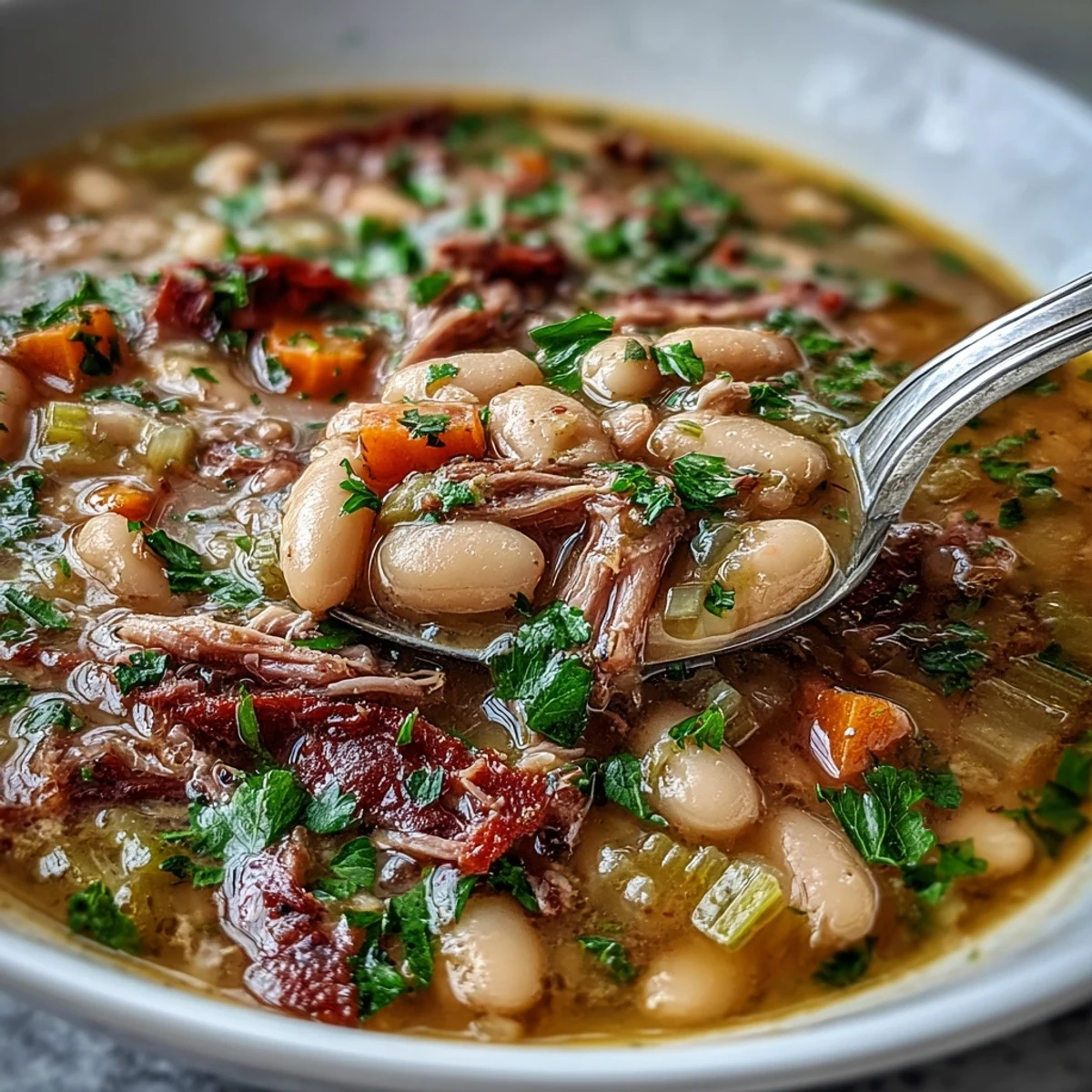 Hearty White Bean and Ham Hock Soup, garnished with fresh parsley, served alongside crusty bread for a comforting Southern meal.  