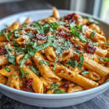 A skillet of delicious spicy vodka pasta, ready to be served immediately.