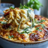 Tender orzo pasta bake, bursting with savory sun-dried tomatoes and fresh basil.