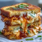 Golden brown buffalo chicken grilled cheese sandwich, ready to be devoured.