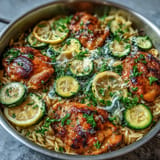 Tender chicken, tender zucchini, and orzo baked in a zesty lemon sauce.