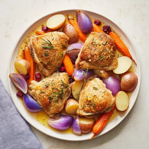Golden-brown One-Pan Olive Oil Roast Chicken, with vibrant cranberries and tender vegetables on the pan.