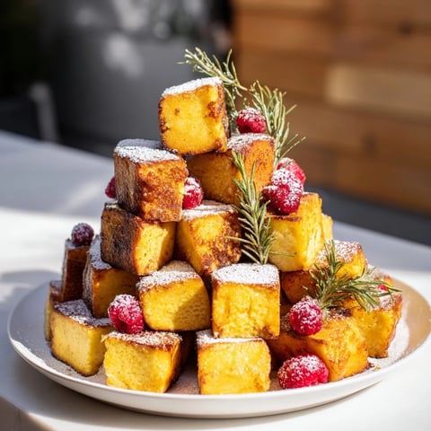 Golden-brown Eggnog French Toast Bites Tree, dusted with sugar and fresh berries for a festive brunch.