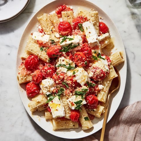 Golden baked feta dish with bursting tomatoes and honey, ready to serve over pasta.