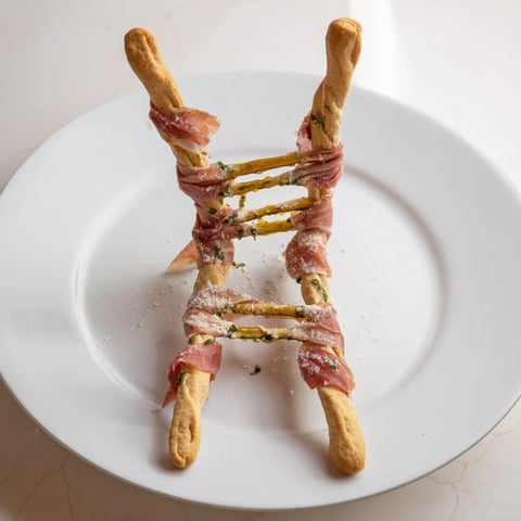 Golden Gate appetizer: Breadstick towers connected by savory prosciutto, ready to be enjoyed as party snack.