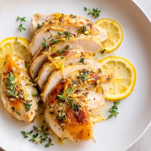 Golden brown Greek Lemon Herb Chicken, ready to serve with fresh lemon wedges for a bright, zesty meal.