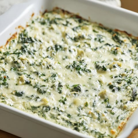 Warm, bubbly Cheesy Spinach Artichoke Dip, fresh from the oven, ready to be devoured.